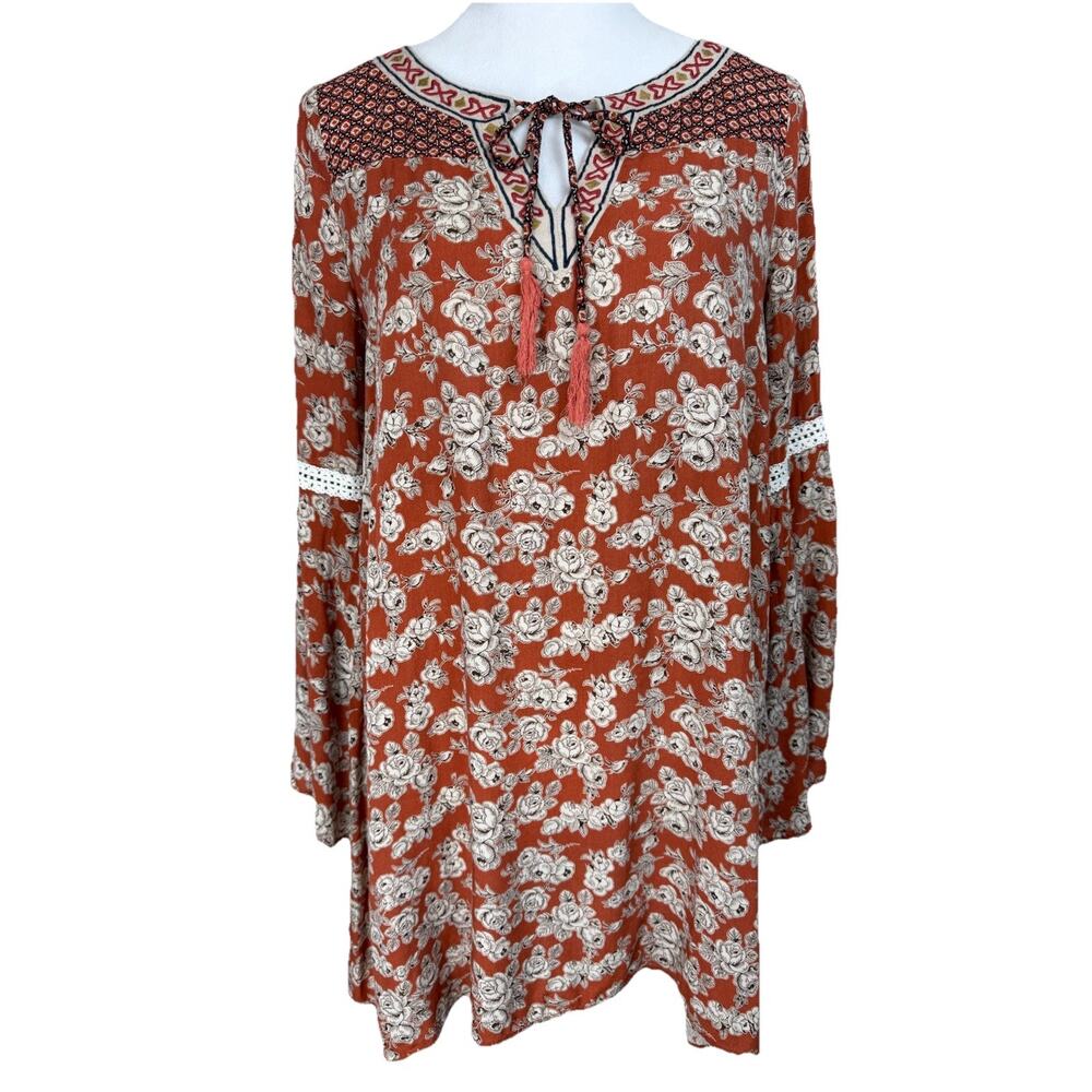 Women's Tunic Top Sz M Brown Floral 3/4 Sleeves Boho Cottagecore Hippie